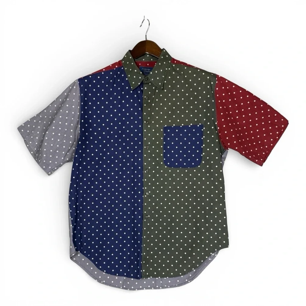 Cambridge Classics Shirt Mens Large 90's Color block Cotton Short Sleeve Button